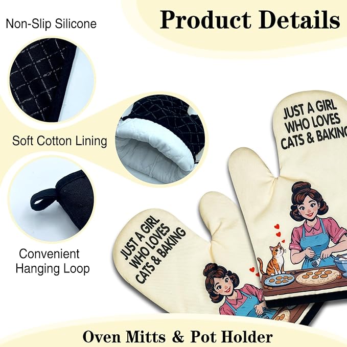 2 Pack Funny Oven Mitts for Women, Just A Girl Who Loves Cats & Baking, Vintage Lady Heat Resistant Silicone Non-Slip Mitts, Cat Lovers Gifts, Kitchen Baking Gifts for Hostess Baker Friend