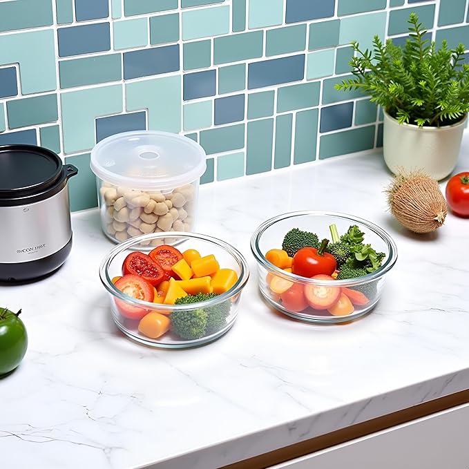 Small Round Glass Food Storage Containers With Lids, 1.5 Cup Round Meal Prep Bowls With Lids BPA-Free, Airtight Small Glass Food Containers for Microwave, Dishwasher, Freezer Safe-（4 pack）