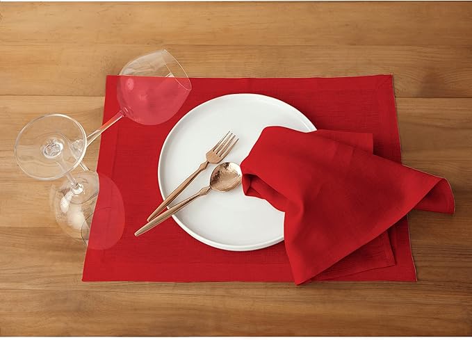 Solino Home Red Linen Napkins Set of 6-100% Pure Linen Cloth Washable Dinner Napkins 20 x 20 Inch for Christmas, Holiday, Winter - Fete