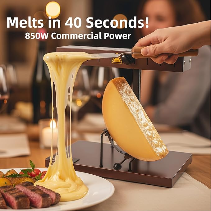 Commercial Electric Raclette Cheese Melter Grill – 850W with Tilt-Release Pan, Rack & Pinion Height Control for Half-Wheels Cheeses Countertop Melt Station for Restaurants & Catering Kitchens