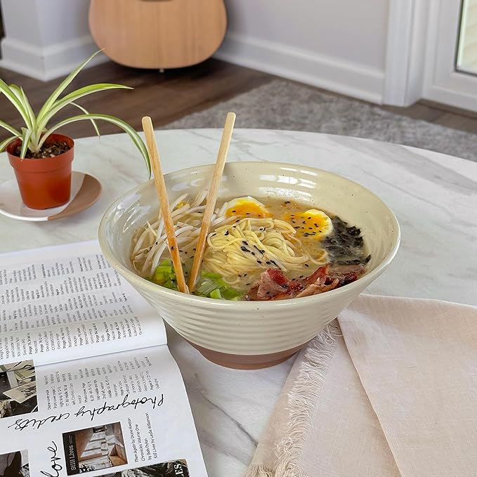 Mora Ceramic Ramen Bowl Set of 2, 45oz - Great for Pho, Miso Udon Soup, Instant Noodles, Serving, Thai or Asian Food - Microwave Safe Large Japanese Noodle Bowls, Modern Kitchen - Assorted Neutrals