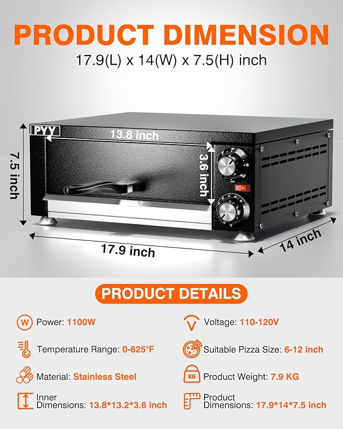 PYY Electric Pizza Oven Indoor Countertop Pizza Oven Commercial Pizza Maker Machine for Home with Timer Stainless Steel Pizza Cooker