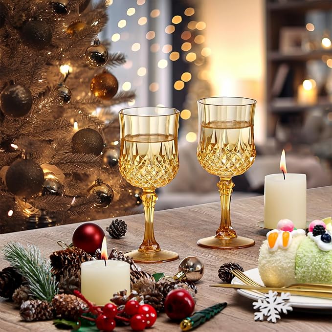XUWAIDSGN 16 Pcs 7oz Plastic Vintage Wine Glasses Drinking Glasses Unbreakable Wedding Glassware Crystal Water Goblets Reusable Drinkware Vintage Champagne Flutes (16, Amber)