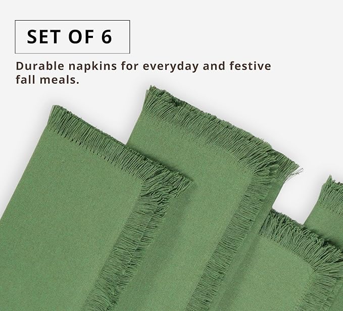 PurpleEssences Cloth Napkins with Fringes, 100% Cotton Christmas Holiday Winter Table Decor, Set of 6 18x18 Inch Reusable Dinner Napkins for Parties and Weddings - Sage Green