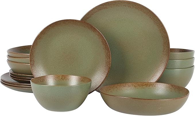 Bloomhouse Palermo Sun Double Bowl Stoneware Reactive Glaze Plates and Bowls Dinnerware Set - Cardamom Green, Service for Four (16pcs)