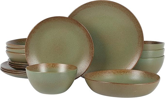 Bloomhouse Palermo Sun Double Bowl Stoneware Reactive Glaze Plates and Bowls Dinnerware Set - Cardamom Green, Service for Four (16pcs)