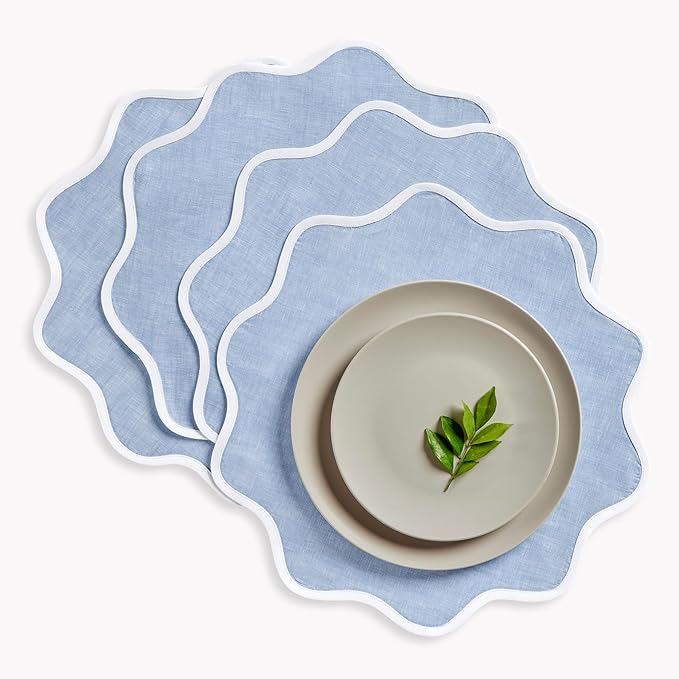 Solino Home Scallop Linen Placemats Set of 4-100% Pure Linen White and Chambray Blue Round Cloth Placemats 16 Inch for Christmas - Giselle Scallop Edge, Handcrafted and Machine Washable