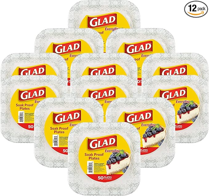 Glad Square Disposable Paper Plates, Grey Victorian Pattern - Strong, Sturdy, Soak Proof, and Microwavable Decorative Plates for Dinner and Everyday Use, 7 Inch, 50 Count - 12 Pack