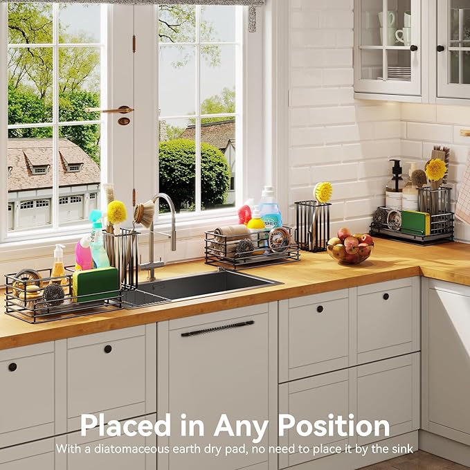 Yofidra Kitchen Sink Caddy: Sink Sponge with Instant Drying Stone, Metal Stainless Steel Dish Sponge Holder Basket for Sponges, Scrubbers, Soap, 9.5" X 5.5" X 5.7" Home Decor Storage and Organization