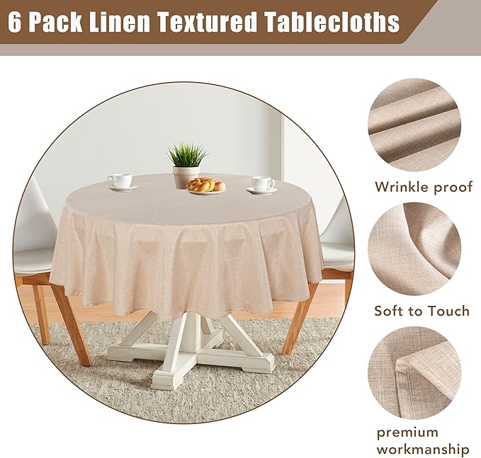Fitable Faux Linen Round Tablecloths 60 Inches - 6 Pack Neutral Table Clothes Faux Burlap Table Covers for Kitchen, Dining Room, Party, Farmhouse, Outdoor (Great for 20"-48" Round Tables, Beige)