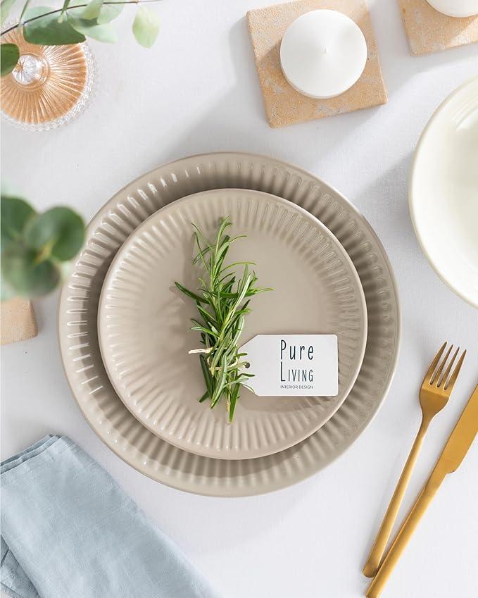 Stoneware Dinnerware Set for 8 People HYGGE 24-Piece - Elegant Scandi Design - Premium Dish Set - Bowl and Plate Set - Tableware for 8 People in a Ribbed Design - Pure Living in Light Brown