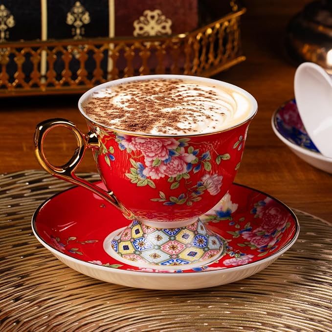 KAMMAK Tea Cups and Saucers Set of 2, Porcelain Coffee Cup with Saucer for Espresso, Cappuccino, 9.8oz Vintage Yellow Floral Ceramic Demitasse Mug for Home, Tea Party, Office