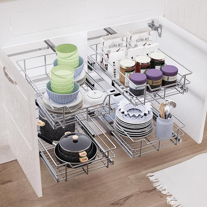 Pull Out Cabinet Organizer 9" W X 17" D, Slide Out Drawers For Kitchen Organizers and Storage, Pull Out Drawers For Cabinets Capacity Heavy Duty Caddy, Cabinet Shelves Chrome-Plated, Bathroom Pantry