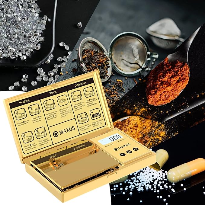 MAXUS Digital Gram Scale with 200g x 0.01g Capacity, Stylish Gold Plated Cover and Platform for Accurate and Precise Weighing of Jewelry, Grains, and Food in Grams and Ounces