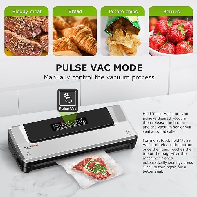 Bonsenkitchen Vacuum Sealer Machine, Precision-Compact 4-in-1 Food Sealer Machine, Multi-Functional Food Vacuum Sealer with & Accessory Hose, Bright Silver