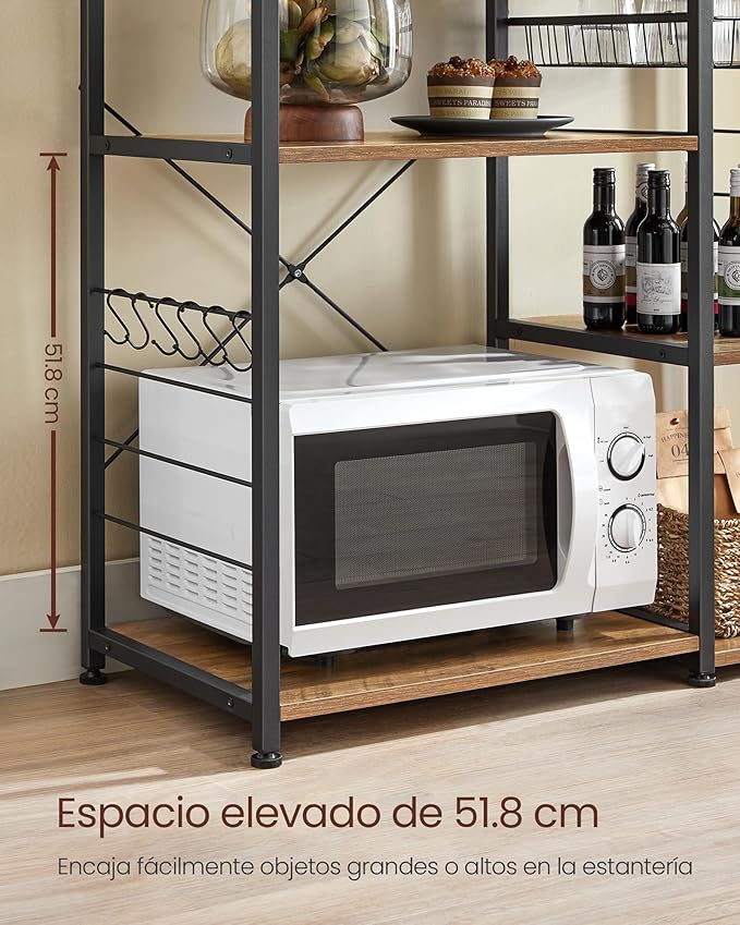 VASAGLE ALINRU Kitchen Baker’s Rack, Coffee Bar, Microwave Oven Stand, with Steel Frame, Wire Basket, 6 Hooks, for Mini Oven, Spices Utensils, Industrial, Rustic Walnut and Black UKKS090B41