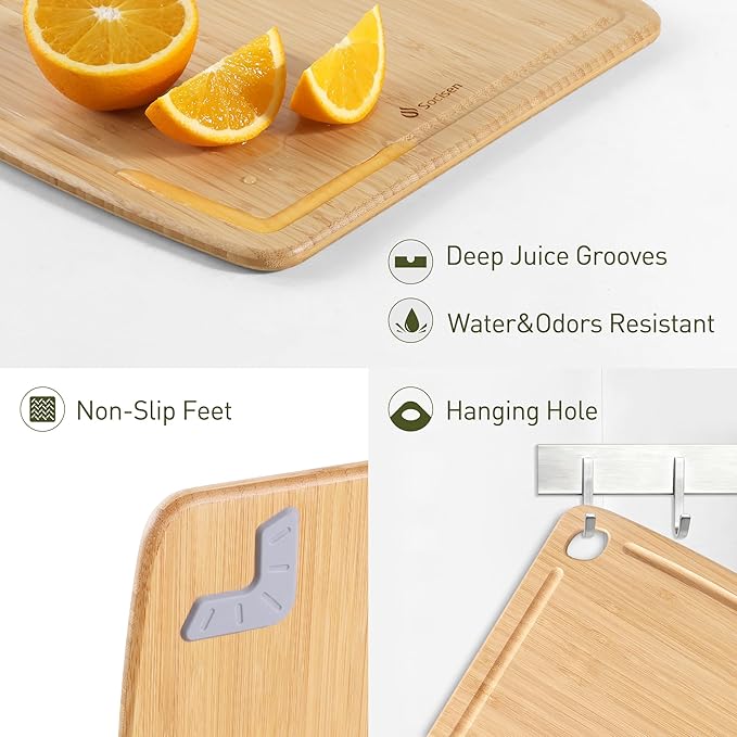 Lightweight Durable Bamboo Cutting Board Set with Non-Slip Feet, Wooden Cutting Boards for Busy Kitchen, Easy Storage & Clean Wooden Chopping Boards with Juice Groove Set of 2 (M+L)