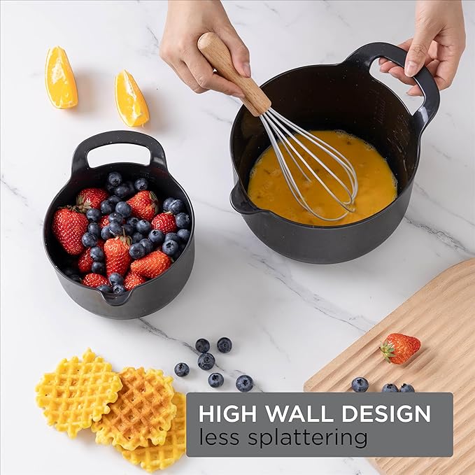 COOK WITH COLOR Nesting Plastic Mixing Bowl Set with Pour Spouts and Handles, Black Speckled, 4 Piece Non-Slip