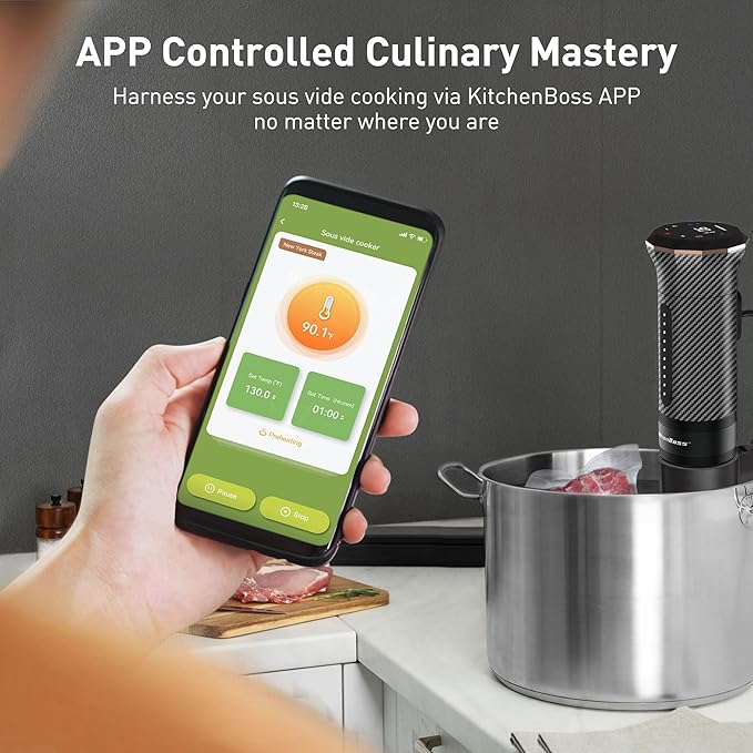 KitchenBoss Wifi Sous Vide Cooker: Ultra-quiet Sous Vide Machine Immersion Circulator APP Control, IPX7 Waterproof All-stainless Steel 1100W Sous Vide Precision Cooker Fast-Heating, Carbon Black