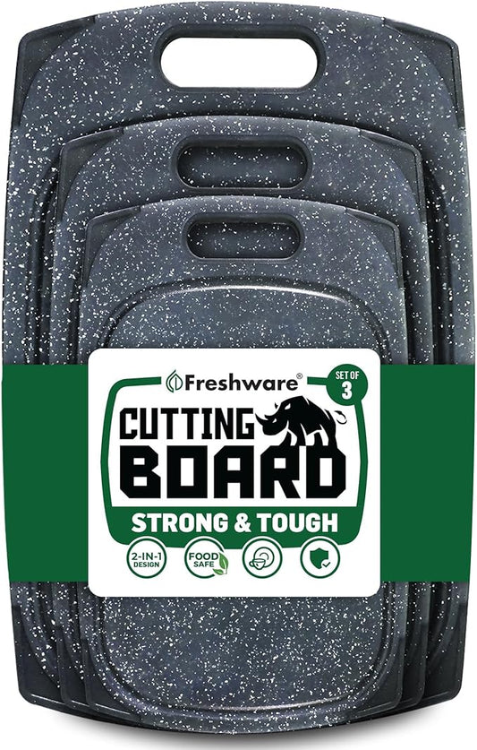 Freshware Plastic Cutting Boards for Kitchen, Cutting Board Set of 3, Juice Grooves with Easy Grip Handle, BPA-Free, Dishwasher Safe, Black Marble