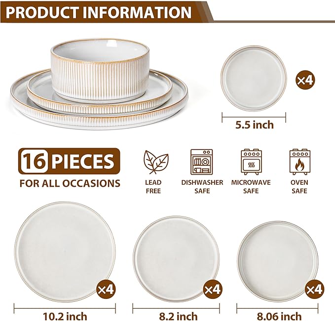 LIANYU Stoneware Dinnerware Sets with Pasta Bowls, 16 Piece Plates and Bowls Dishes Set for 4, Ribbed Dining Ware Dishware for Home, Microwave and Dishwasher Safe, Dawn Beige