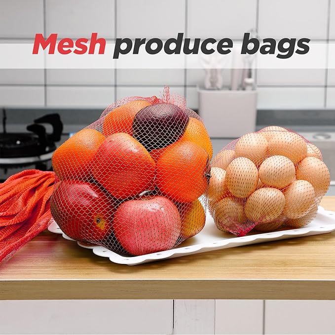 Windyun 1500 Pcs Mesh Produce Bags Reusable Nylon Netting Bulk, Fits Storage Egg Vegetable Seafood Fruits Grocery Bags (20 Inch,Red)
