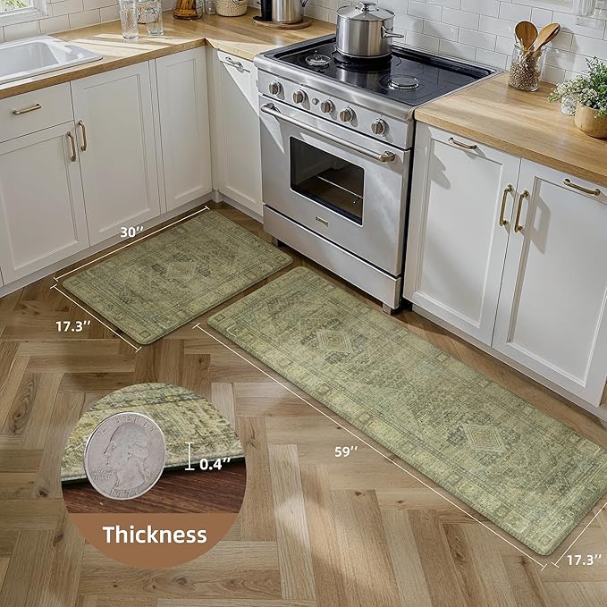 GENIMO Kitchen Mats for Floor 2PCs, Washable Anti Fatigue Mat for Cushioned, 17.3"x59"+17.3"x30", Waterproof Kitchen Rugs, Non Slip Comfort Standing Mat Rug for Home, Sink, Laundry, Tan