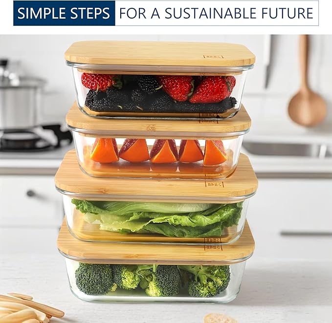 DE Glass Food Storage Containers with Bamboo Lids, (4, Pack 2 x 35oz & 2 x 51oz) Pack Meal Prep Glass Containers Safe for Microwave, Oven, Freezer and Dishwasher, BPA Free