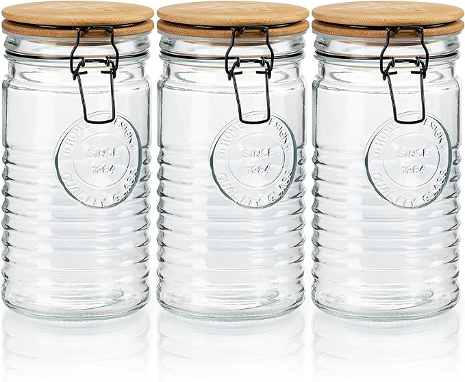Glass Storage Containers with Airtight Lids - 40 Ounce Mason Jar Storage Containers for Cereal, Coffee & Rice - Pantry Organizing Canister Set of 3 for Kitchen