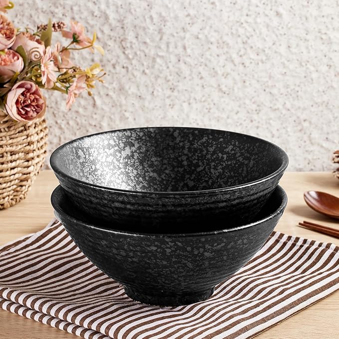 2 x 40 OZ ceramic ramen bowls, 8 IN large Japanese noodle soup bowl, match chopsticks and spoons, suitable for Pho, Udon Asian noodles (Black color 2 set)