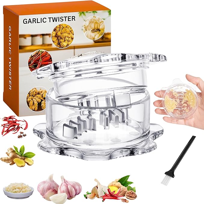 Garlic Twister Kitchen Tool – Manual Garlic Crusher & Ginger Grinder, Nut Chopper, Chili Pepper Mincer, Clear Acrylic Kitchen Utensil for Food Prep – BPA-Free, Easy to Use, Handheld Design