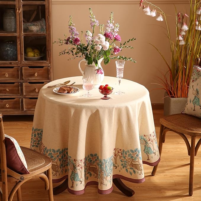 patdrea Designer Beige Tablecloth for Round Tables,Vintage Elegant French Linen with Trees and Kid Pattern Table Cloth,Farmhouse Table Cover Cloth Decor for Kitchen Dining Christmas,Diameter 67"
