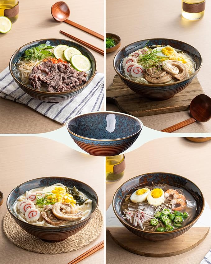 8 Inch 40oz Large Japanese Ramen Bowl Set of 2,Material Safety Ceramic Ramen Bowls with Matching Chopsticks and Spoons, Pho Bowls Ramen Noodle Bowl for Asian Udon Soup Salad Cereal(Peacock Tail)