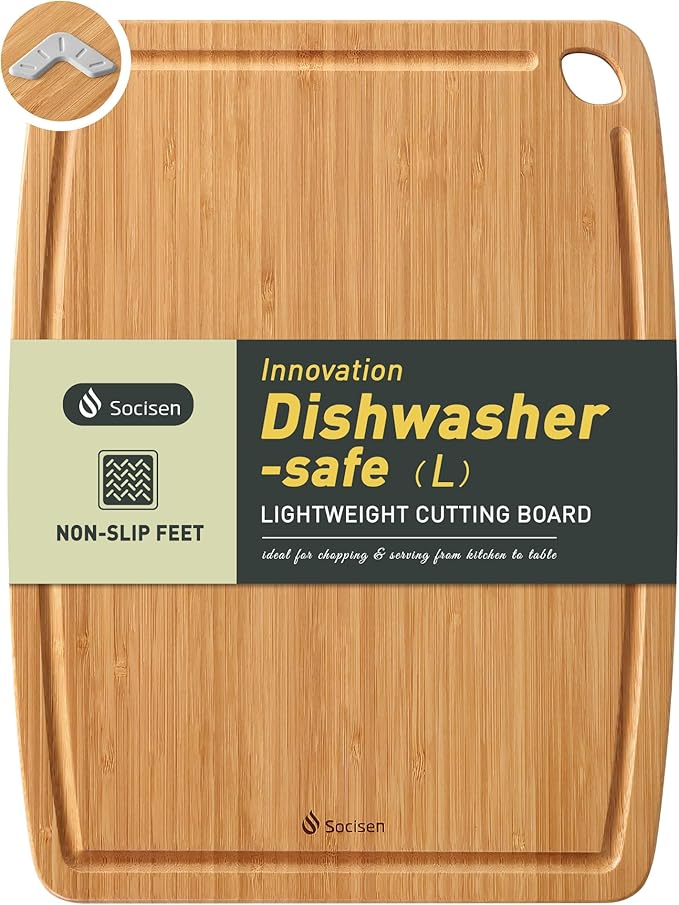 Lightweight Durable Bamboo Cutting Board with Non-Slip Feet, Non Toxic Wooden Cutting Board for Kitchen Heat-Resistant Chopping & Charcuterie Board with Juice Groove Kitchen Essentials for Meat