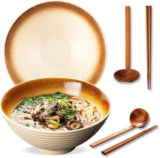 8 Inch Ceramic Ramen Bowl Set of 2, 40oz Japanese Bowls with Spoons & Chopsticks,Durable,Microwave & Dishwasher Safe,Perfect for Ramen,Pho,Salad,Soup,Noodles，Mixing bowls（Amber）