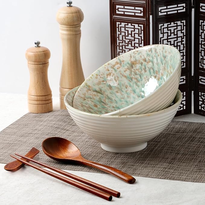 NUTRIUPS 8 Inch Ceramic Ramen Bowl Set of 2 Pho Bowls 40oz Japanese Noodle Udon Soup Bowls with Spoons and Chopsticks (Forest)