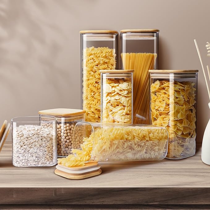 Square Glass Jars with Bamboo Lids [Muti Size Set of 5], Glass Canisters with Airtight Lids, Glass Food Storage Containers for Pasta, Cereal, Flour, Sugar, Best for Kitchen & Pantry