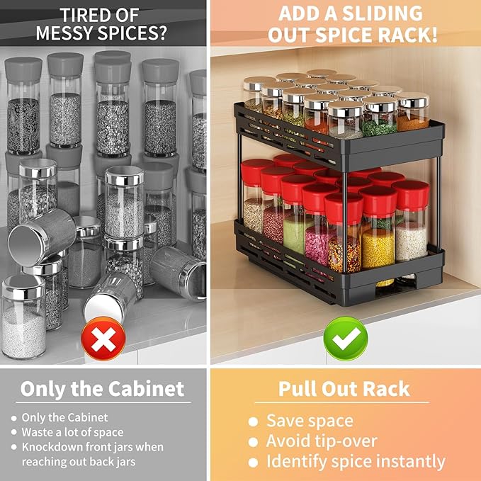 Pull Out Spice Rack Organizer for Cabinet, 2 Pack Widen Slide Out Spice Racks Organizer, Spice Cabinet Organizers, Cabinet Size Need:12'' Highx11'' Deepx6.75'' Wide,Hold 15 Spice Jar Each Tier-2Tier