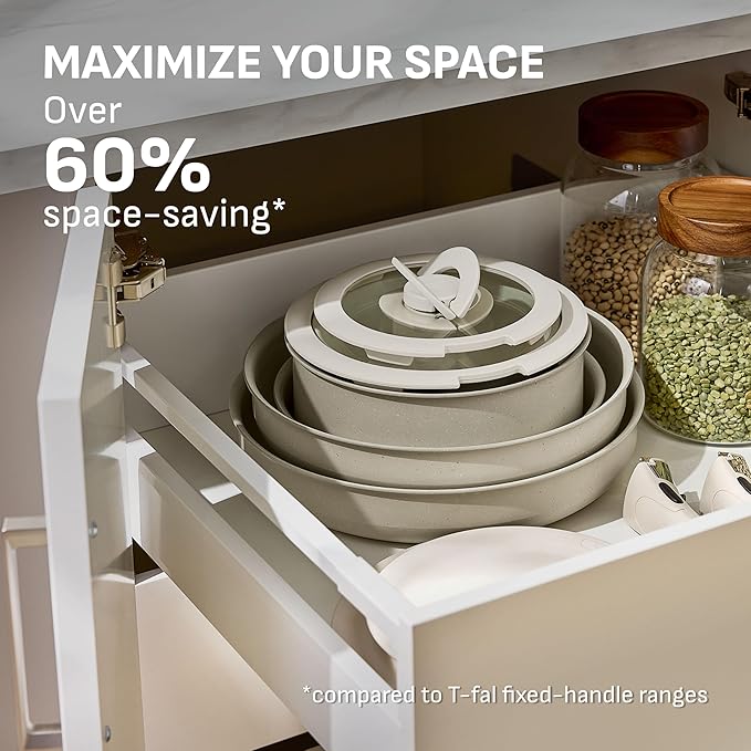 T-fal Ingenio Essentials Cookware Set with Detachable/Removable Handle 11 Piece, Granite Titanium Non Stick, Induction, Oven Broiler Safe 500F, Stackable, Pots and Pans Set, RV Camping, Fry Pans Beige