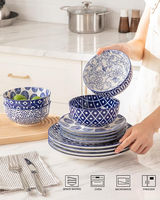 Sweejar Plates and Bowls Set for 4, 12 Pieces Handmade Ceramic Dinnerware Sets, Highly Scratch Resistant Dishes Set for Kitchen, Porcelain Dishwasher & Microwave Safe Dishes Set (Vintage Blue)