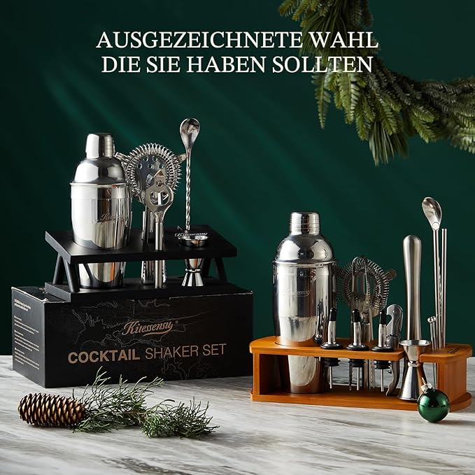 KITESSENSU Cocktail Shaker Set Bartender Kit, 6-Piece Silver Bar Set with Stand, Bar kit with Essential Bar Accessory Tools: Martini Shaker, Jigger, Strainer, Bar Spoon, Tongs, Opener