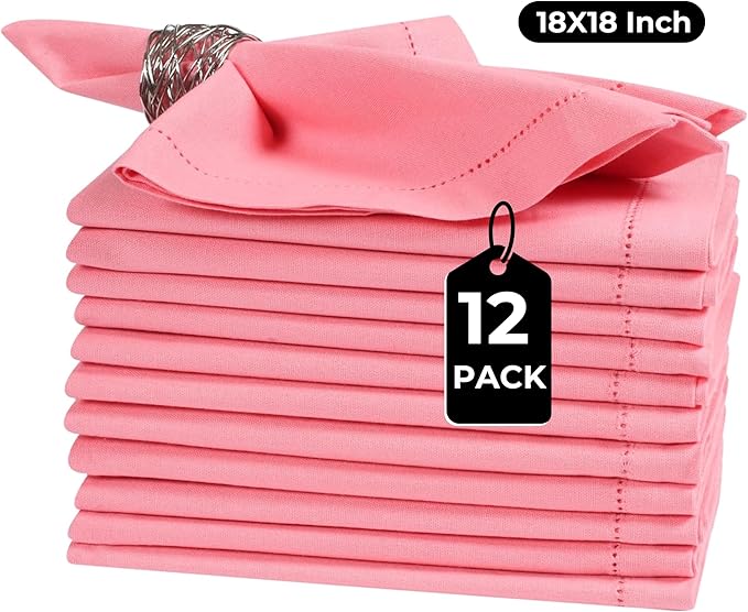 Bedding Craft Cotton Cloth Dinner Napkins Set of 12 – 18x18 Dianthus Pecan Hemstitched – Reusable Machine Washable Fabric Napkins for Weddings, Parties & Everyday Dining