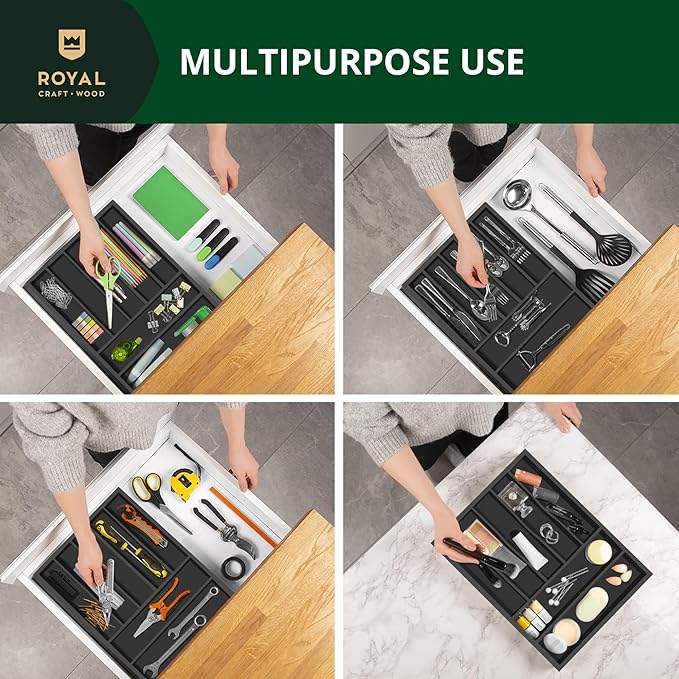 ROYAL CRAFT WOOD Luxury Bamboo Kitchen Drawer Organizer - Silverware Organizer - Utensil Holder and Cutlery Tray with Grooved Drawer Dividers for Flatware and Kitchen Utensils (7 Slot, Black)