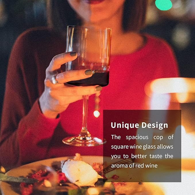 SANZO Wine Glass Set, 15oz Crystal Glasses for Red and White Wine, Square Bowl Design for Home Bar or Dinner Parties （8pcs）