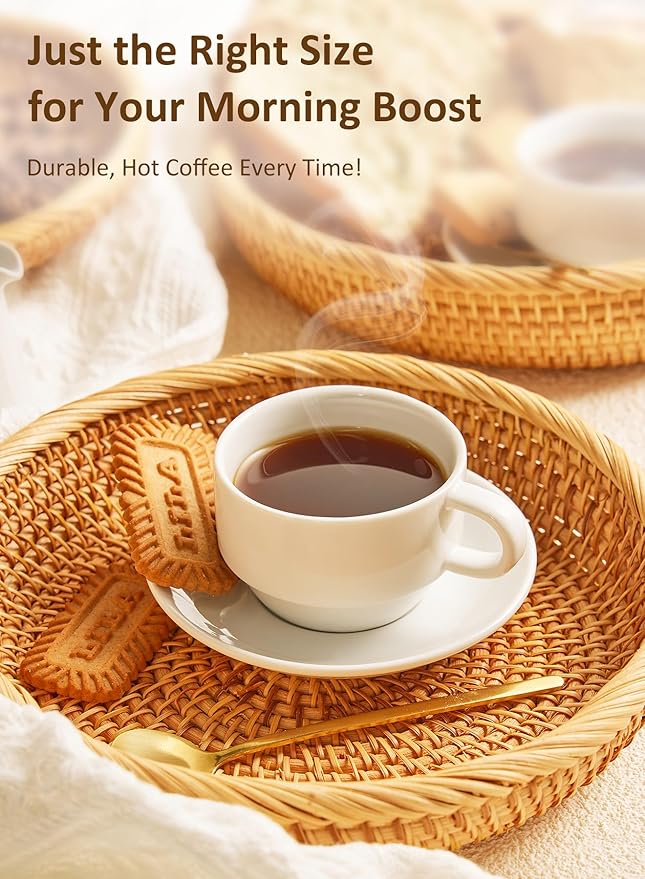 Yedio 4 oz Espresso Cups with Saucers and Metal Stand, Porcelain Stackable Coffee Cappuccino Cups Set of 4, White