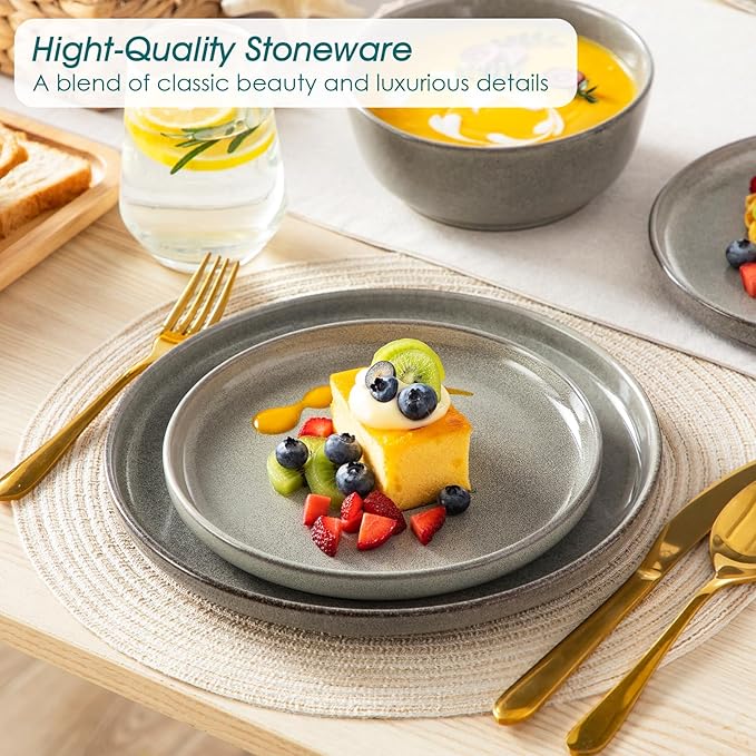 vancasso ANYA 18 Pieces Plates and Bowls Set, Stone Grey Dinnerware Sets, Reactive Glaze Dishes Set for 6, Ceramic Dishware Sets Kitchen Dinner Set, Microwave & Dishwasher Safe