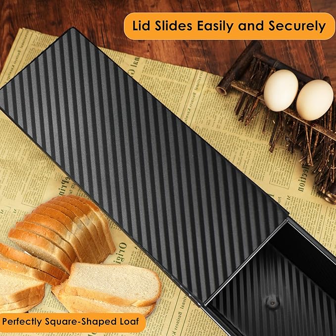 2.2lb Pullman Loaf Pan with Lid, 13inch SP-031 Bread Pan with Dough Scraper Cutter, Black Covered Loaf Pan for Sandwich Bread