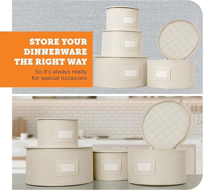 storageLAB China Storage Containers, Hard Shell Case with Felt Dividers for Charger Plates, and Dishes, Ideal for Kitchen Organization, Moving Supplies, and Fine China Storage - 4-Piece Set, Cream