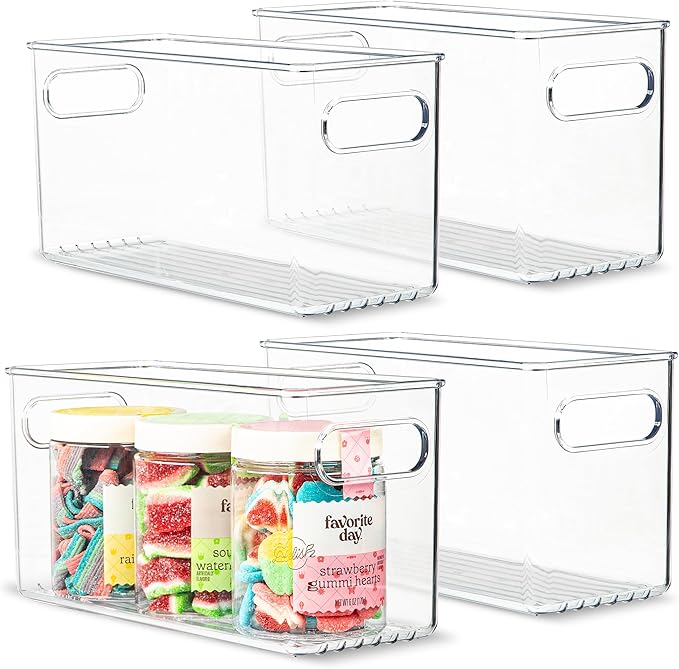Plastic Food Storage 4 Pack Clear Container Bin with Handles for Organizing Kitchen, Pantry, Refrigerator, Freezer, Pantry, Cabinet, Closet, Bathroom. 10”x4”x5”