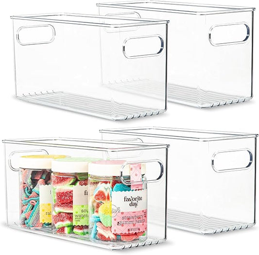 Clear Plastic 4 Pack Storage Container Bin with Integrated Easy Grip Handles. For Kitchen, Fridge, Freezer, Cabinet, Pantry, Bathroom Organization. 10"x4"x5"
